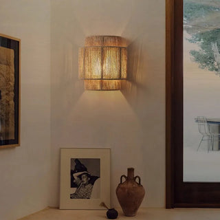 Bohemian Wall Lamp – Woven Rattan Natural Wall Sconce with Soft Light Diffuser