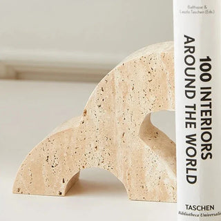 travertine stone bookends handcrafted beige natural shelf supports side view