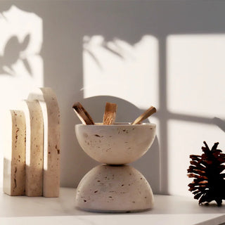 travertine marble sphere handcrafted incense burner elegant beige stone diffuser angle view