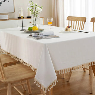 swedish cotton tablecloth handmade rectangle table cover tassels front view
