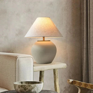 Tuscany ceramic lamp front — white brass fabric shade design
