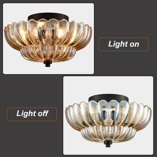 Vintage amber ceiling lamp close-up, glass semi-flush warm