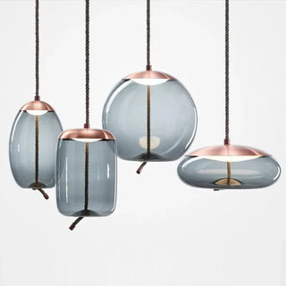 Adjustable Pendant Light – Designer Smoked Glass Lamp with Hemp Rope Accent