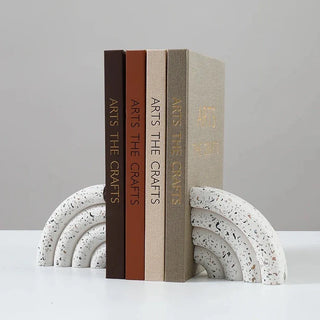 terrazzo marble bookends rainbow geometric circular arch stone holder close-up