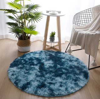 round dark blue polyester kilim area rug living room decor close-up