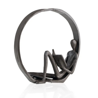 iron reader sculpture elegant metal book figurine black brown decor front view