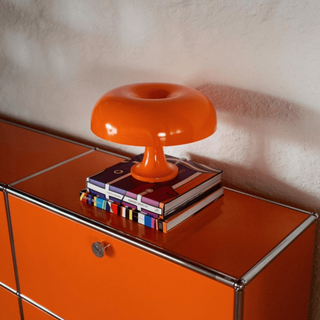 Orange accent mushroom lamp front — Italian modern design