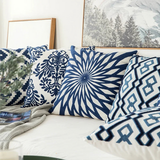 navy cushion cover embroidered floral cotton pillow case sardinia design 45x45 cm close-up