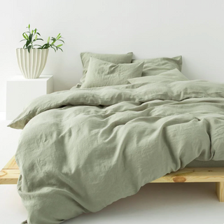 linen bedding set toscana washed sage green duvet cover pillowcases front view