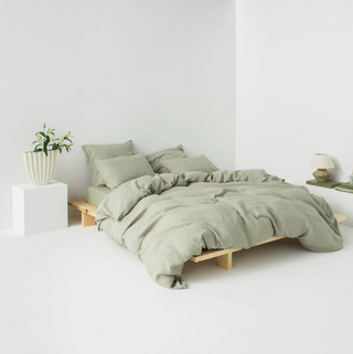 linen bedding set toscana washed sage green duvet cover pillowcases close-up