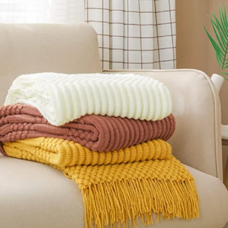 hand-knitted blanket cozy textured knit throw yellow tela nativa side view