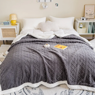 soft throw blanket double layer dark grey cozy polyester tela nativa close-up