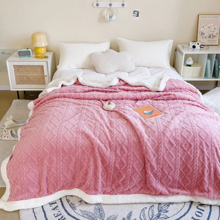 double layer throw blanket soft pink hand knitted cozy winter cover close-up