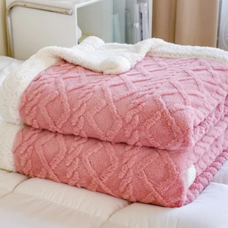 double layer throw blanket soft pink hand knitted cozy winter cover side view