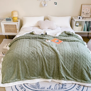 double layer throw blanket soft green hand knitted cozy polyester close-up