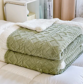 double layer throw blanket soft green hand knitted cozy polyester side view