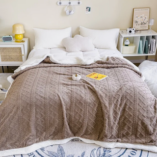 double layer throw blanket soft brown cozy hand knitted polyester close-up