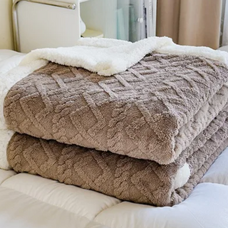 double layer throw blanket soft brown cozy hand knitted polyester side view