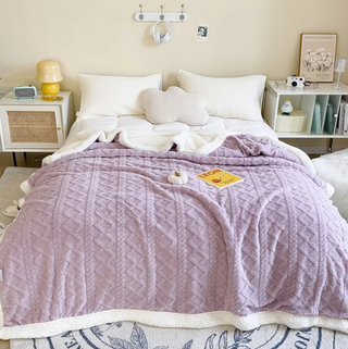 soft throw blanket double layer cozy hand knitted purple polyester close-up