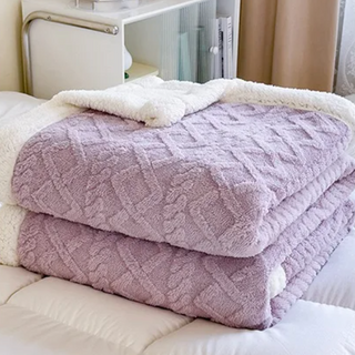 soft throw blanket double layer cozy hand knitted purple polyester side view