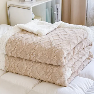 double layer throw blanket soft cozy hand knitted polyester cream brown side view