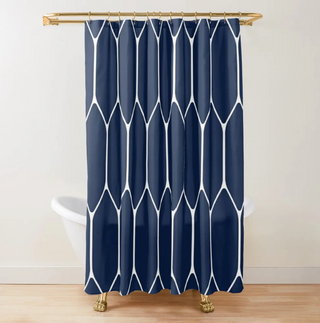 navy white hexagonal polyester mold resistant waterproof shower curtain set view