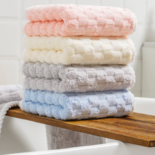 coral velvet bath towel set luxury quick drying plush grid design angle view