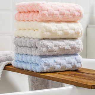 coral velvet plush grid quick-drying bath towel set grey angle view