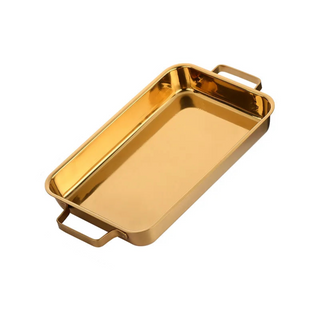 flat bottom grill tray gold deep dish stainless steel oven safe cooking pan front view