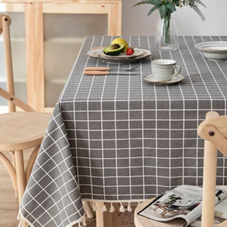 cotton tablecloth amsterdam grey plaid waterproof rectangle cover tassels side view