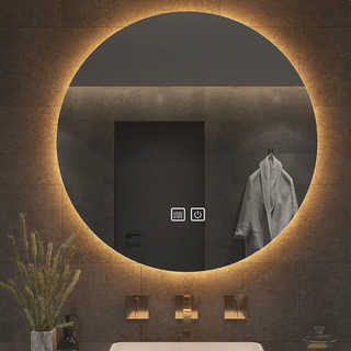 LED round smart defogging bathroom mirror angle view