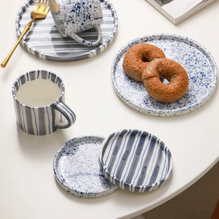 ceramic mug collection handcrafted toscana grey blue striped coffee cups set lifestyle view
