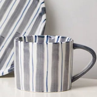 ceramic mug collection handcrafted toscana grey blue striped coffee cups set top view