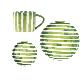 ceramic mug collection handcrafted green stripe mugs hemma home earthworks angle view