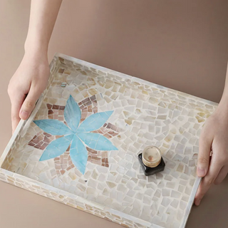 hand crafted shell tray earthworks blue flower wooden decorative coastal platter close-up