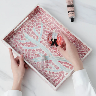 hand crafted shell tray earthworks natural pink blossom coastal home decor close-up