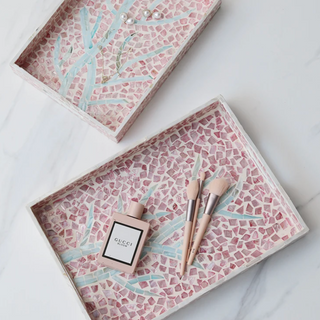 hand crafted shell tray earthworks natural pink blossom coastal home decor set view