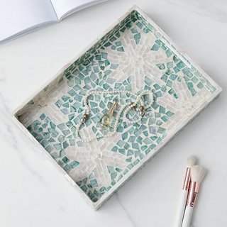 hand crafted shell tray earthworks decorative white flower tray timber base close-up