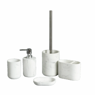 white marble resin bathroom accessories set soap dispenser front view