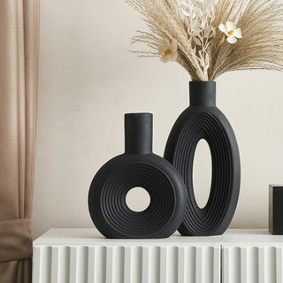 minimalist oval vase black porcelain ceramic vase set scandi luxury decor side view