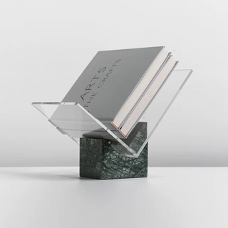 marble book stand scandinavian organiser green acrylic metal details close-up
