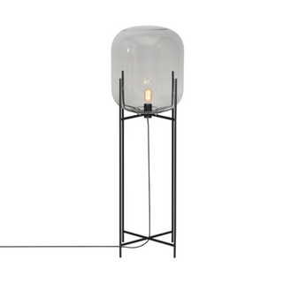 Oda glass bowl lamp front — hand blown black steel frame