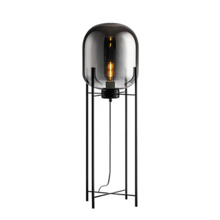 Oda hand blown glass lamp front — designer black steel design