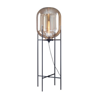 Oda amber glass bowl lamp front — black steel designer frame