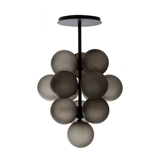 Grape-shaped smoky grey glass pendant light with metal frame and G9 LED bulb