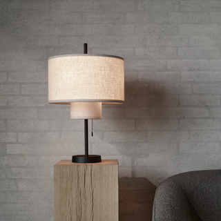 Modern fabric shade Margin lamp close-up — metal base detail
