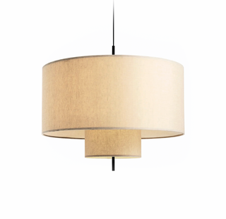 Linear design beige pendant lamp hanging over a contemporary dining area