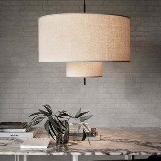 Fabric pendant light with structured linear shade — warm ambient lighting