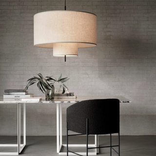 Close-up of beige linen pendant shade — minimalist designer hanging lamp