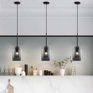 Double glass mid-century pendant — grey smoked globe with metal fitting